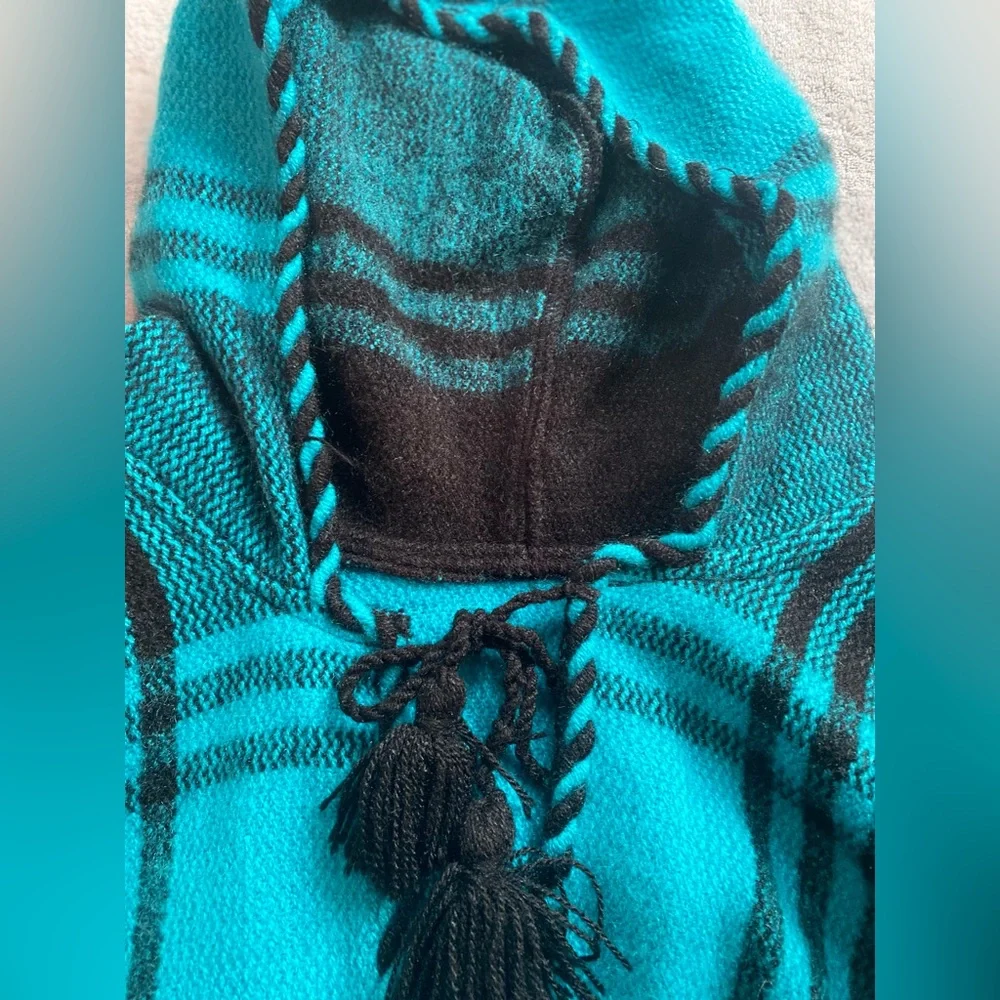 One Size Teal And Black Hooded Poncho